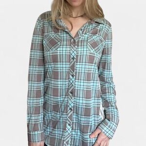 Turquoise and Light Brown Plaid with Lace Detail and Roll-Up Sleeves, Size M